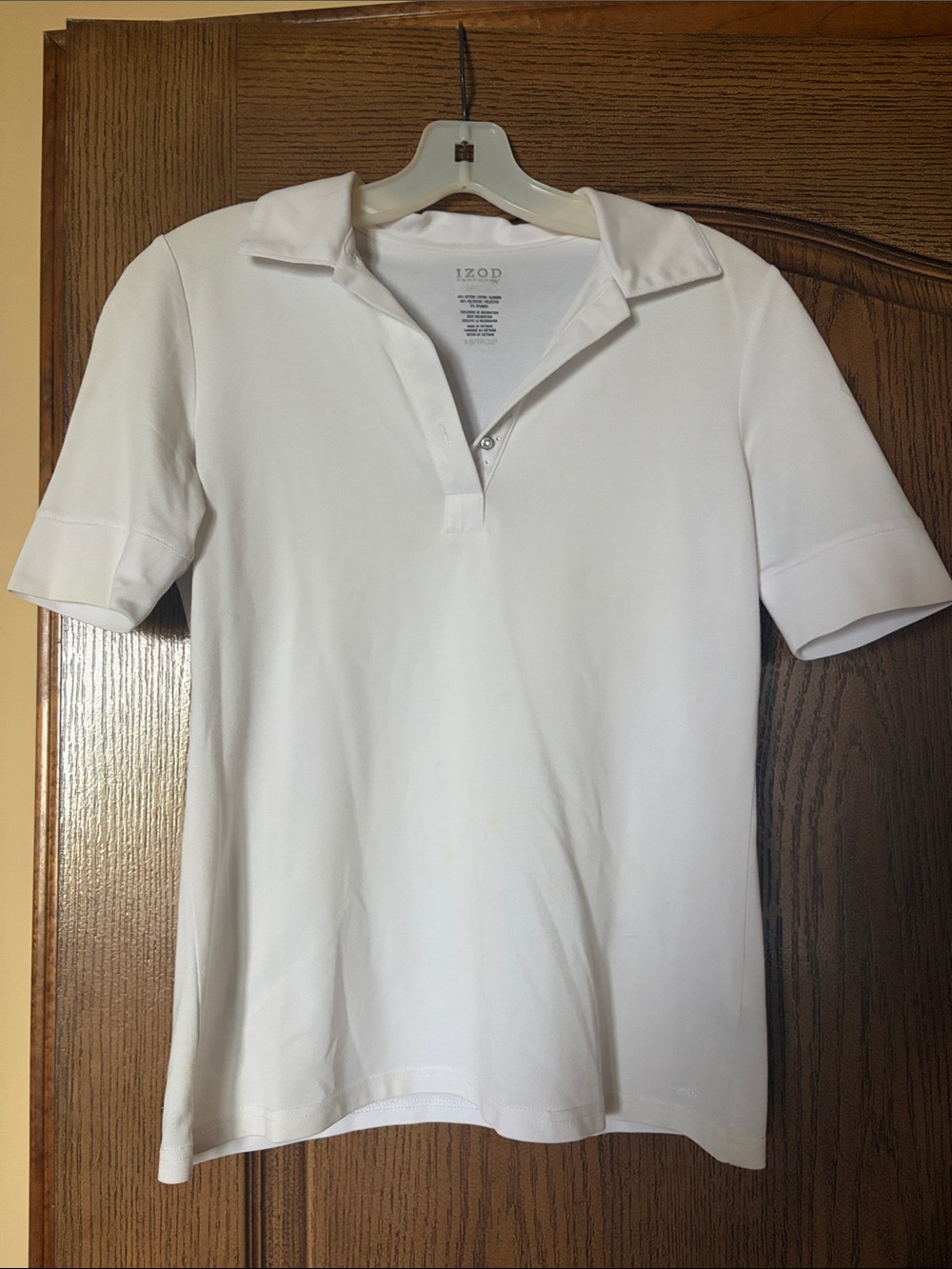 Women's white short-sleeve polo-style top